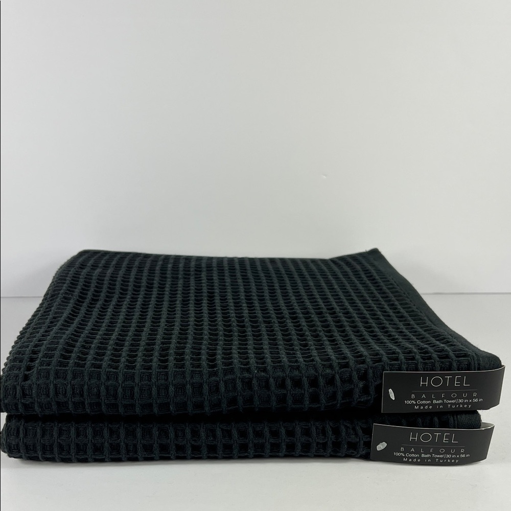 2 Hotel Balfour Bath Towel Set Black Waffle Knit Lightweight Turkish Cotton NEW